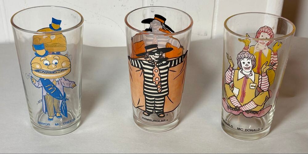 3 Vintage 1977 McDonalds Action Series Glasses Ronald Hamburglar Mayor McCheese